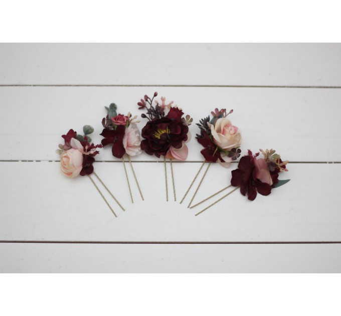 Set of 5 hair pins in burgundy blush pink color scheme. Flower hair pins. Hair accessories. Flower accessories for wedding. Bridesmaid gift. 0015 EU UK