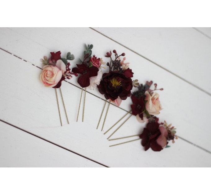 Set of 5 hair pins in burgundy blush pink color scheme. Flower hair pins. Hair accessories. Flower accessories for wedding. Bridesmaid gift. 0015 EU UK
