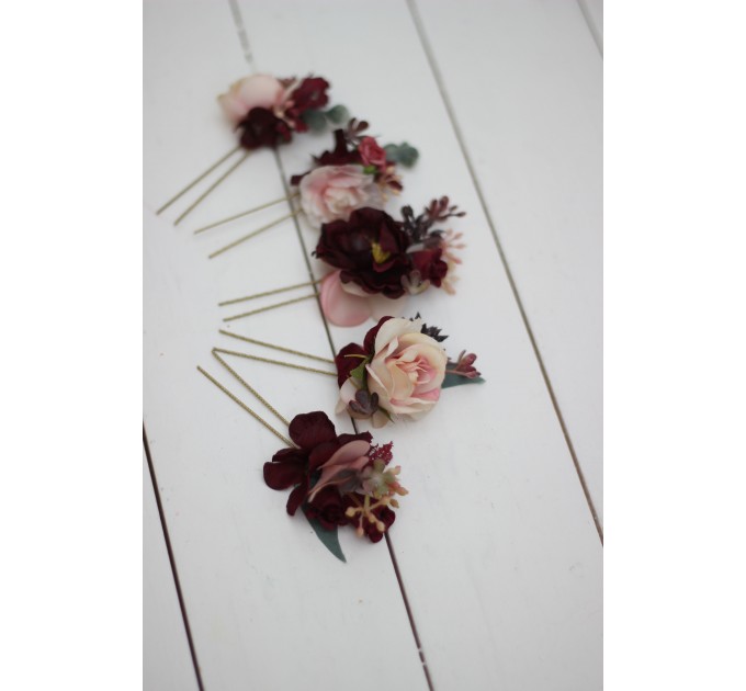 Set of 5 hair pins in burgundy blush pink color scheme. Flower hair pins. Hair accessories. Flower accessories for wedding. Bridesmaid gift. 0015 EU UK