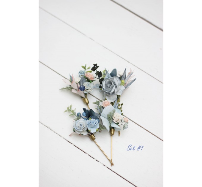 Set of bobby pins in dusty blue pink color scheme. Flower hair pins. Hair accessories. Flower accessories for wedding. Bridesmaid gift. 0078-1 EU UK