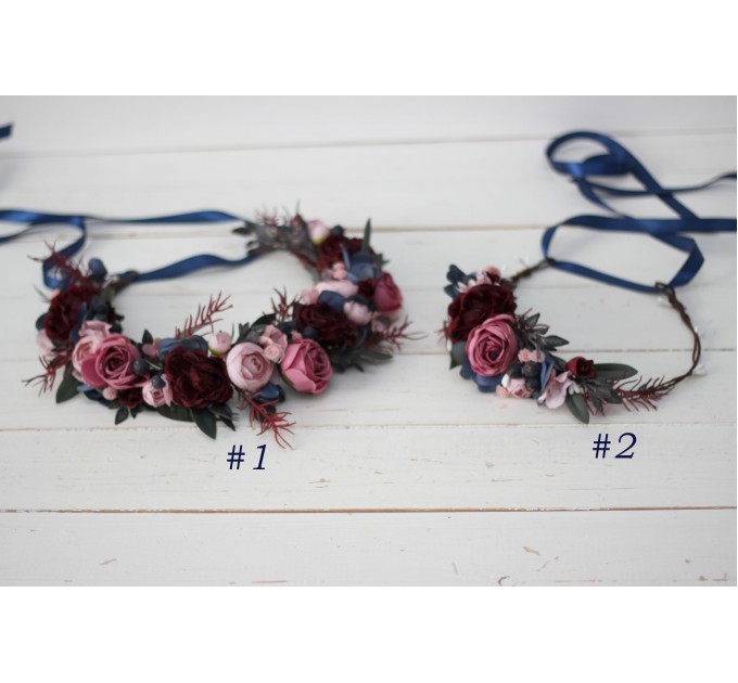 Burgundy navy blue pink flower crown. Hair wreath. Flower girl crown. Wedding flowers. 0006 EU UK