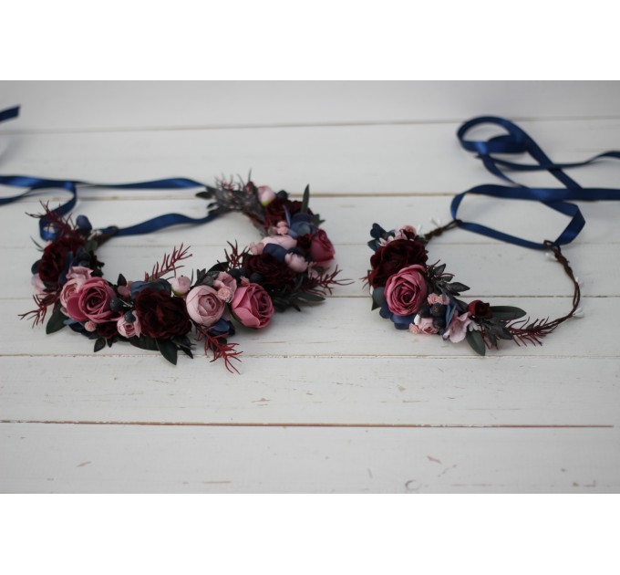 Burgundy navy blue pink flower crown. Hair wreath. Flower girl crown. Wedding flowers. 0006 EU UK