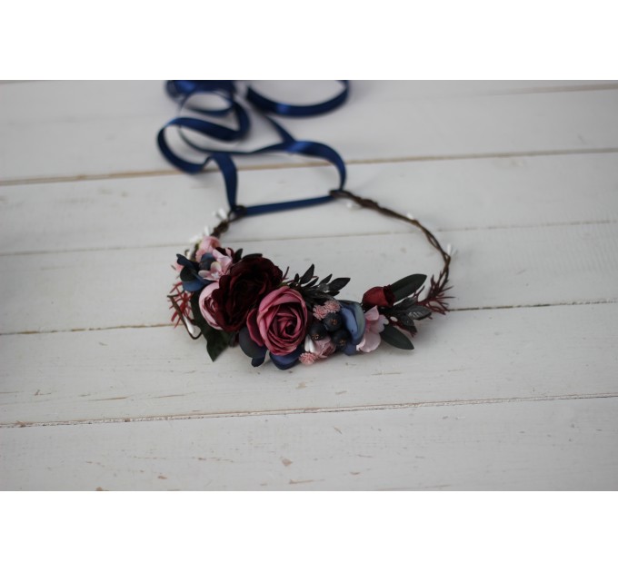Burgundy navy blue pink flower crown. Hair wreath. Flower girl crown. Wedding flowers. 0006 EU UK