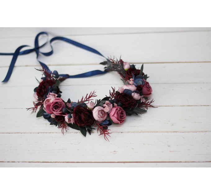 Burgundy navy blue pink flower crown. Hair wreath. Flower girl crown. Wedding flowers. 0006 EU UK