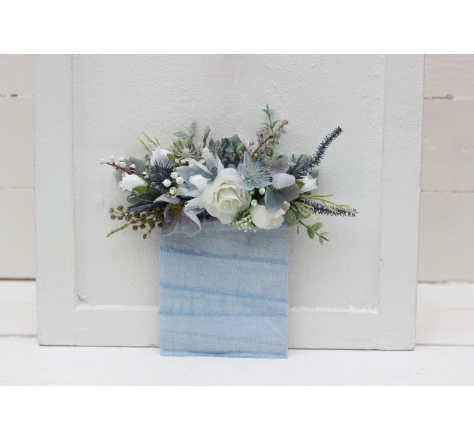 Pocket boutonniere in dusty blue white color scheme. Flower accessories. 0065 EU UK
