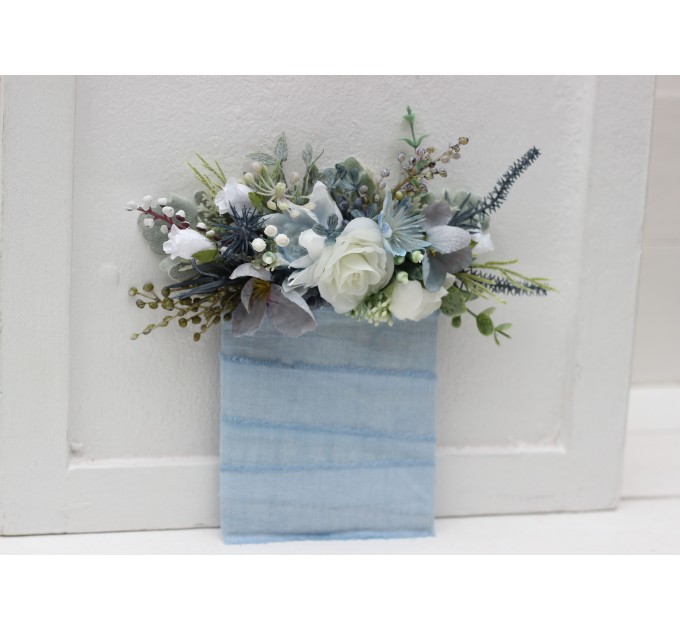 Pocket boutonniere in dusty blue white color scheme. Flower accessories. 0065 EU UK