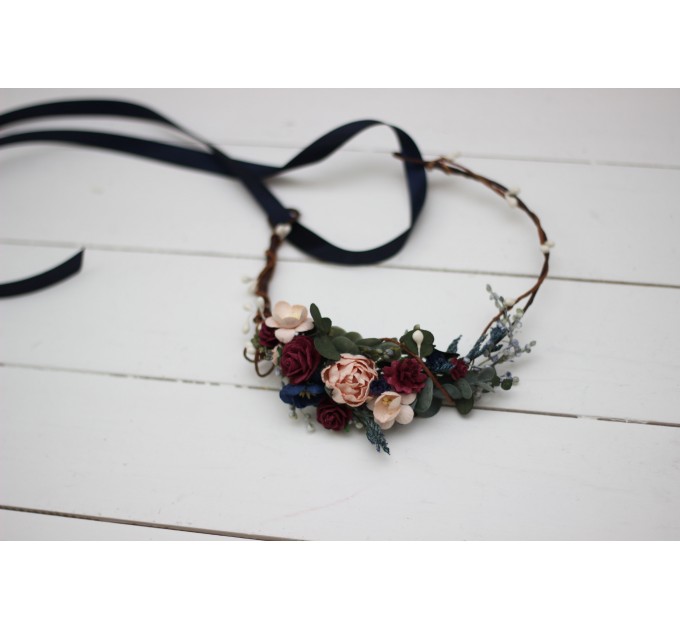 Cr-2 Burgundy navy blue blush pink flower crown. Hair wreath. Flower girl crown. Wedding flowers. OLGA EU UK