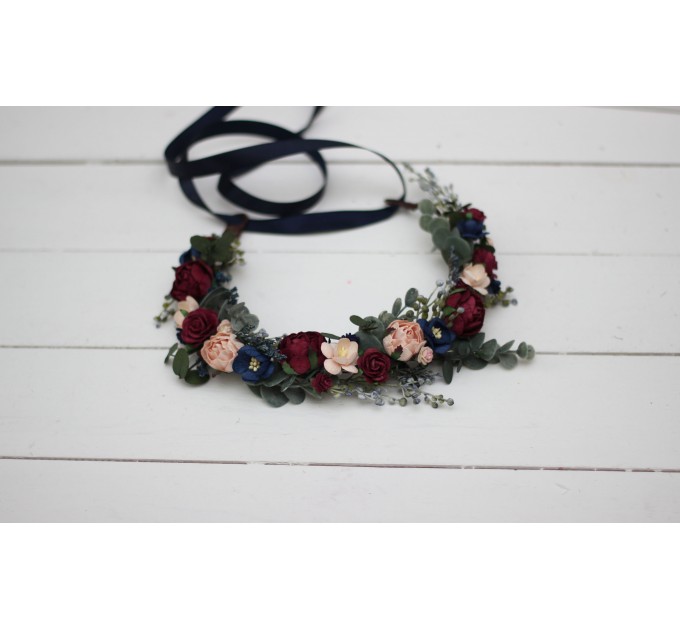 Cr-1 Burgundy navy blue blush pink flower crown. Hair wreath. Flower girl crown. Wedding flowers. OLGA EU UK