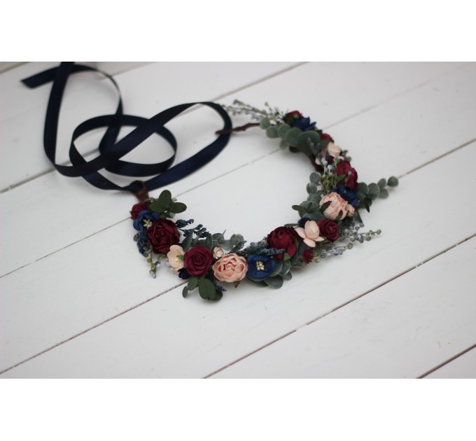 Cr-1 Burgundy navy blue blush pink flower crown. Hair wreath. Flower girl crown. Wedding flowers. OLGA EU UK