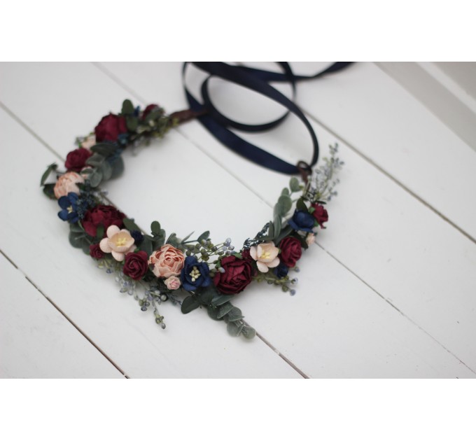 Cr-1 Burgundy navy blue blush pink flower crown. Hair wreath. Flower girl crown. Wedding flowers. OLGA EU UK