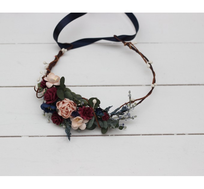 Cr-2 Burgundy navy blue blush pink flower crown. Hair wreath. Flower girl crown. Wedding flowers. OLGA EU UK
