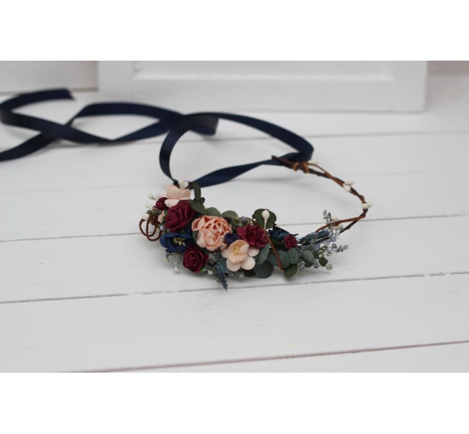 Cr-2 Burgundy navy blue blush pink flower crown. Hair wreath. Flower girl crown. Wedding flowers. OLGA EU UK