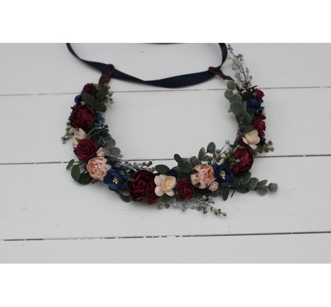 Cr-1 Burgundy navy blue blush pink flower crown. Hair wreath. Flower girl crown. Wedding flowers. OLGA EU UK