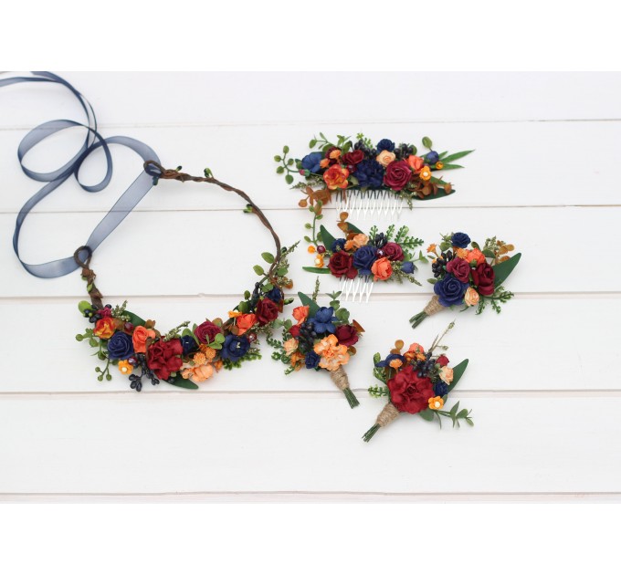 Wedding boutonnieres and wrist corsage in burgundy navy blue and rust color scheme. Flower accessories. 5343