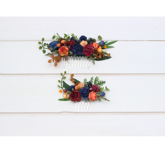 Flower comb in burgundy navy blue and rust color scheme. Wedding accessories for hair. Bridal flower comb. Bridesmaid floral comb. 5343