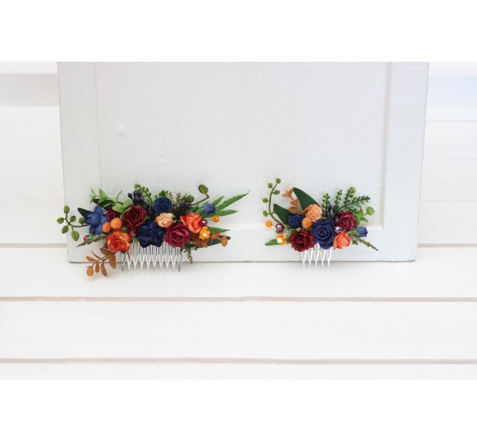 Flower comb in burgundy navy blue and rust color scheme. Wedding accessories for hair. Bridal flower comb. Bridesmaid floral comb. 5343