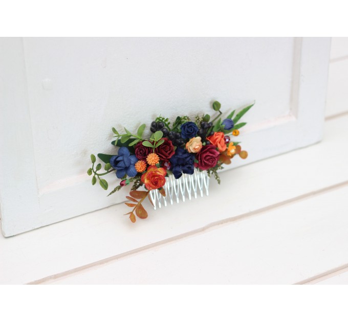 Flower comb in burgundy navy blue and rust color scheme. Wedding accessories for hair. Bridal flower comb. Bridesmaid floral comb. 5343