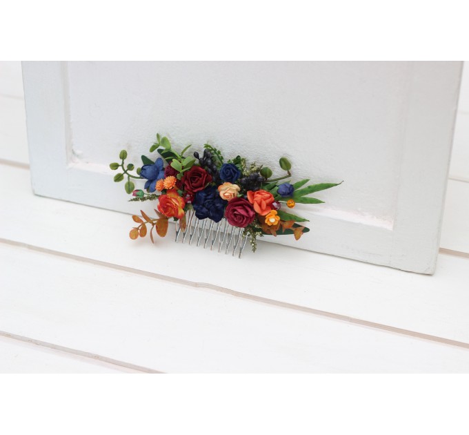 Flower comb in burgundy navy blue and rust color scheme. Wedding accessories for hair. Bridal flower comb. Bridesmaid floral comb. 5343