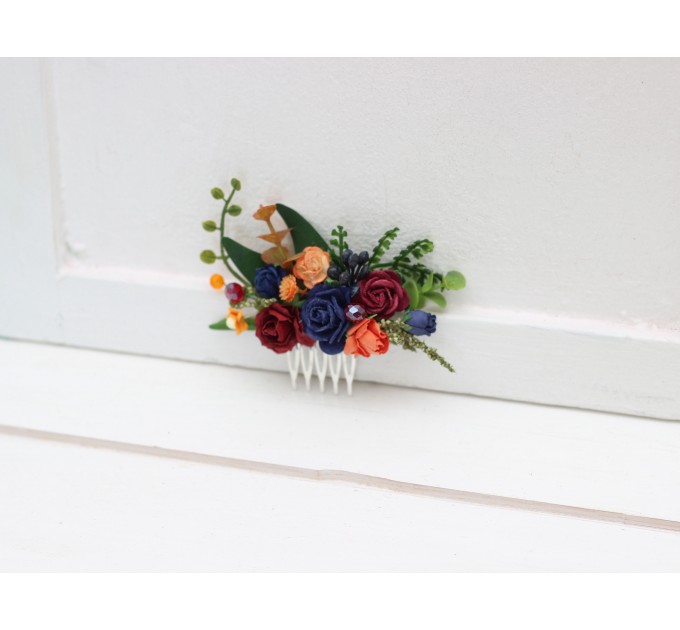 Flower comb in burgundy navy blue and rust color scheme. Wedding accessories for hair. Bridal flower comb. Bridesmaid floral comb. 5343