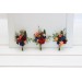 Wedding boutonnieres and wrist corsage in burgundy navy blue and rust color scheme. Flower accessories. 5343