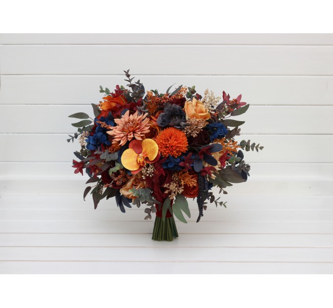 Wedding Bouquets in Rust, Orange, Burgundy & Navy Blue | Cascading Bridal & Bridesmaid Faux Bouquets