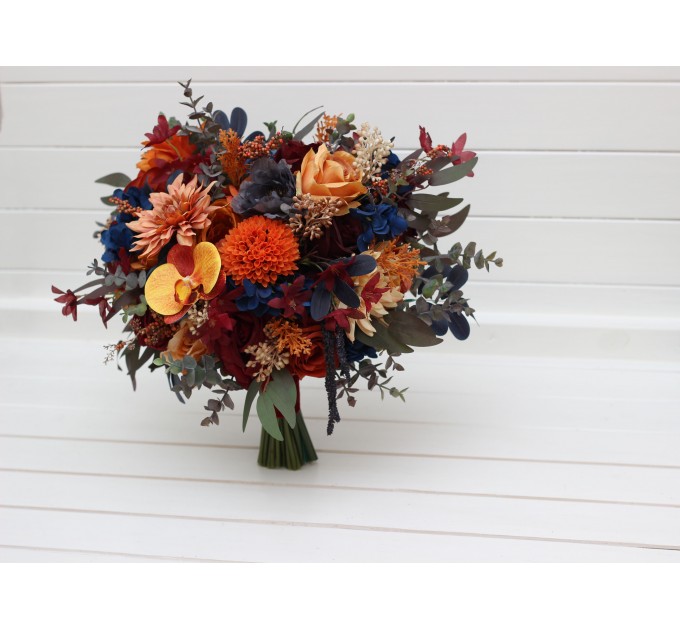 Wedding Bouquets in Rust, Orange, Burgundy & Navy Blue | Cascading Bridal & Bridesmaid Faux Bouquets