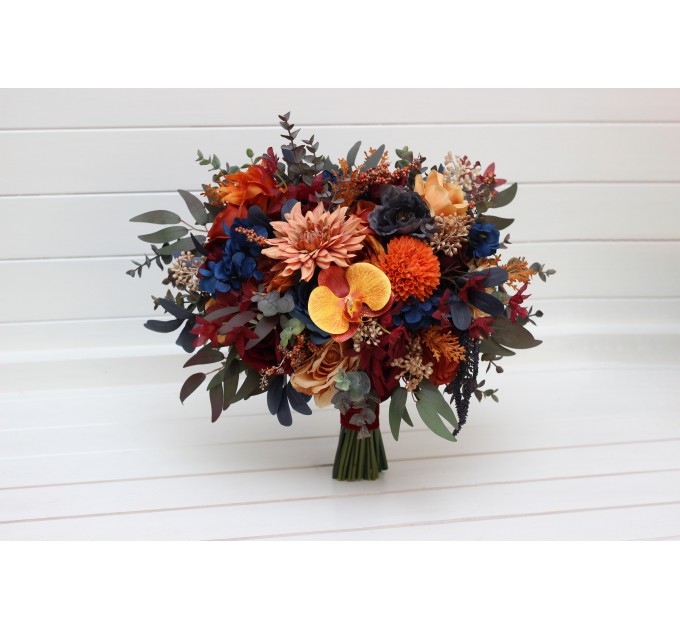 Wedding Bouquets in Rust, Orange, Burgundy & Navy Blue | Cascading Bridal & Bridesmaid Faux Bouquets
