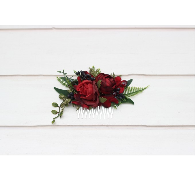 Flower comb in red green blue color scheme. Wedding accessories for hair. Bridal flower comb. Bridesmaid floral comb. 5236