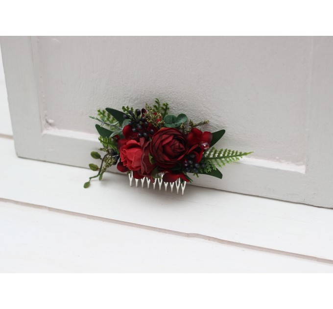 Flower comb in red green blue color scheme. Wedding accessories for hair. Bridal flower comb. Bridesmaid floral comb. 5236