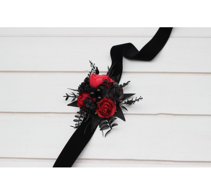 Wedding Boutonnieres & Wrist Corsage in Black & Red | Faux Flower Accessories for Halloween Wedding