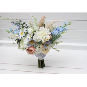 Bouquet in blue white beige color theme. Bridal bouquet. Faux bouquet. Bridesmaid bouquet. Wildflowers bouquet. 5345