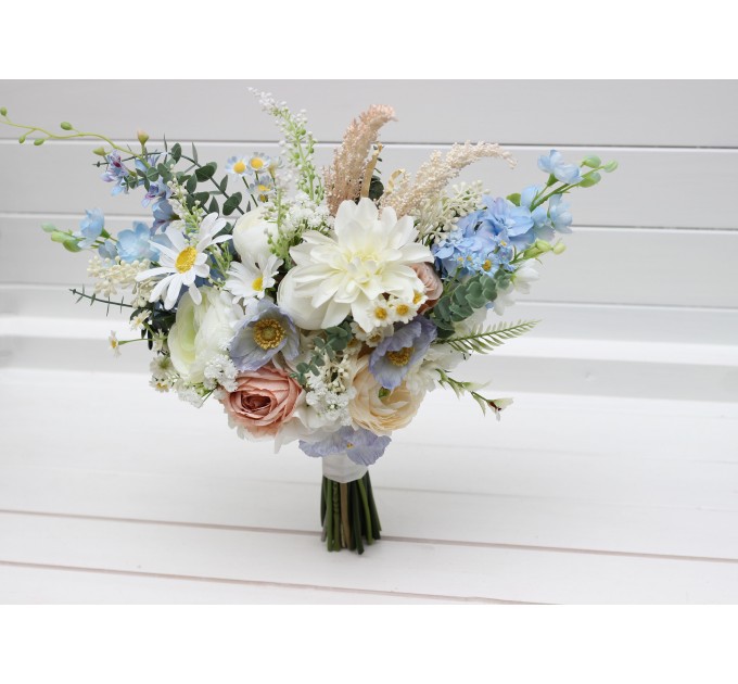 Blue, White & Beige Wedding Bouquet | Faux Wildflower Bridal & Bridesmaid Bouquet