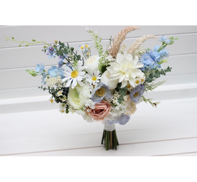 Blue, White & Beige Wedding Bouquet | Faux Wildflower Bridal & Bridesmaid Bouquet