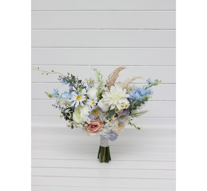 Blue, White & Beige Wedding Bouquet | Faux Wildflower Bridal & Bridesmaid Bouquet