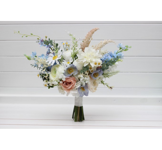 Blue, White & Beige Wedding Bouquet | Faux Wildflower Bridal & Bridesmaid Bouquet