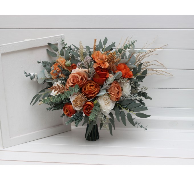 Wedding Bouquets in Burnt Orange, Ivory & Sage Green | Faux Bridal & Bridesmaid Bouquets