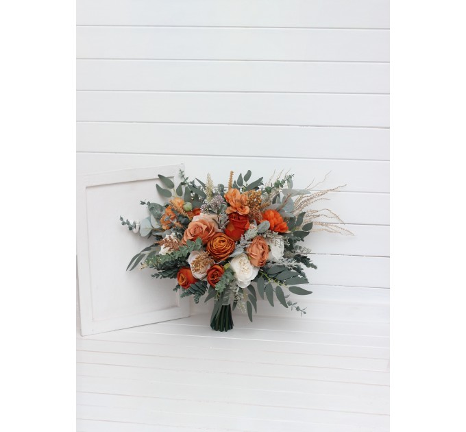 Wedding Bouquets in Burnt Orange, Ivory & Sage Green | Faux Bridal & Bridesmaid Bouquets