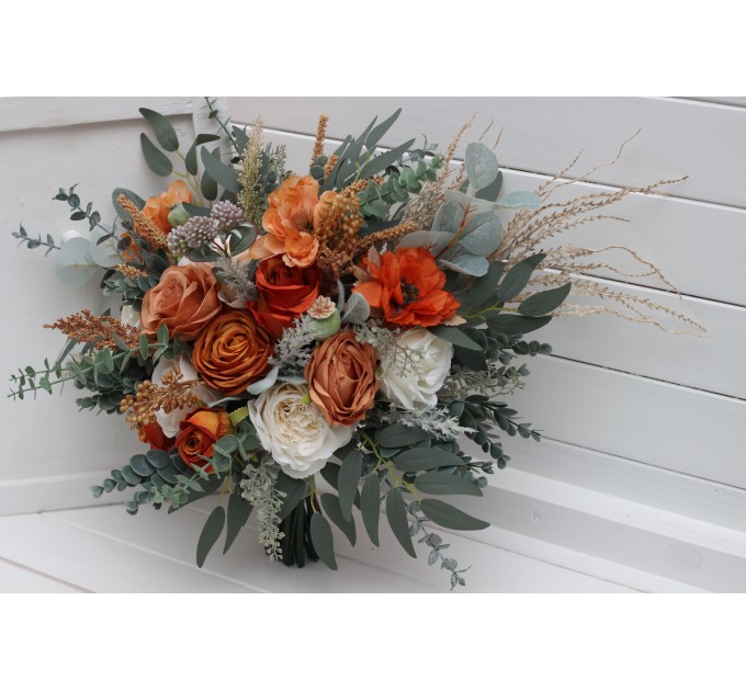 Wedding Bouquets in Burnt Orange, Ivory & Sage Green | Faux Bridal & Bridesmaid Bouquets