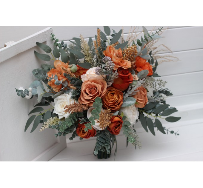 Wedding Bouquets in Burnt Orange, Ivory & Sage Green | Faux Bridal & Bridesmaid Bouquets