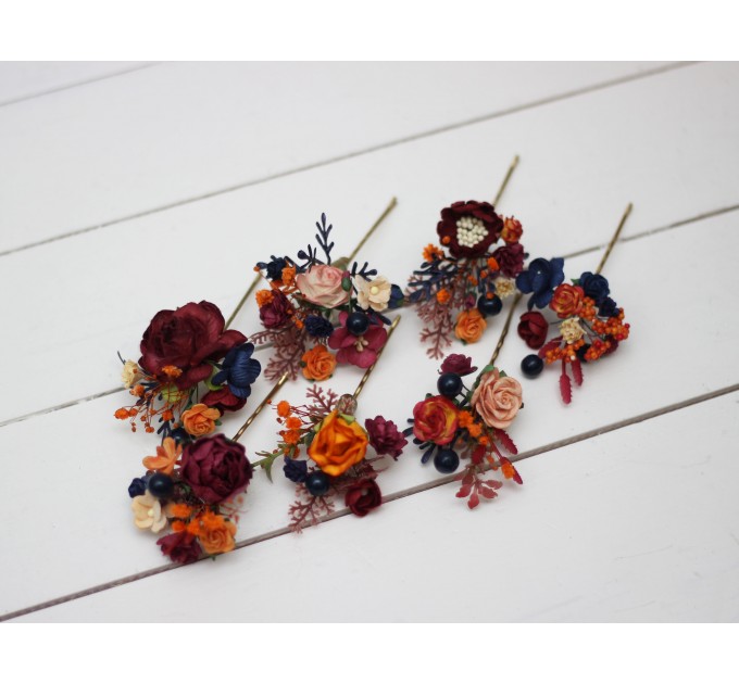 Set of 7 hair pins in orange burgundy navy blue color scheme. Hair accessories. Flower accessories for wedding. 0045 EU UK
