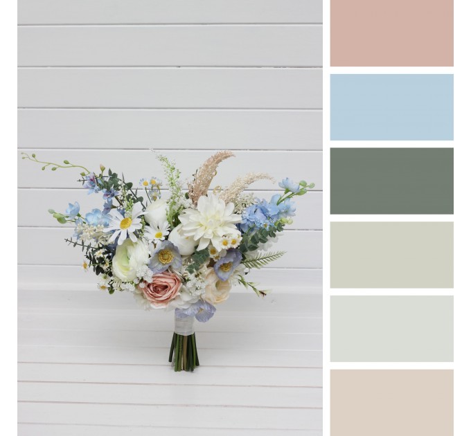 Blue, White & Beige Wedding Bouquet | Faux Wildflower Bridal & Bridesmaid Bouquet