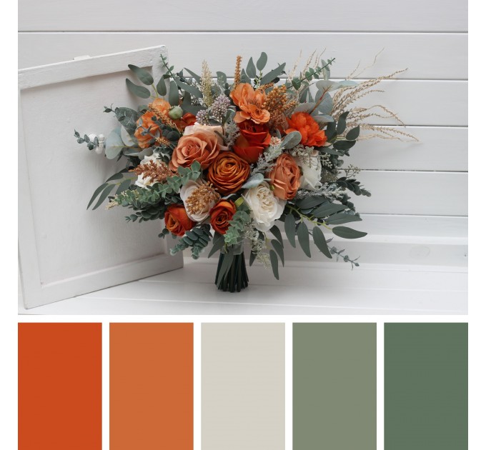 Wedding Bouquets in Burnt Orange, Ivory & Sage Green | Faux Bridal & Bridesmaid Bouquets