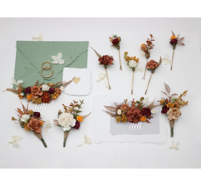 Boutonnieres in Terracotta Mustard Burgundy Ivory Colors/ Wedding flowers
