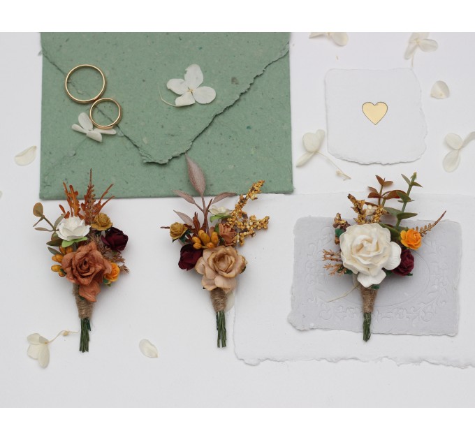 Boutonnieres in Terracotta Mustard Burgundy Ivory Colors/ Wedding flowers