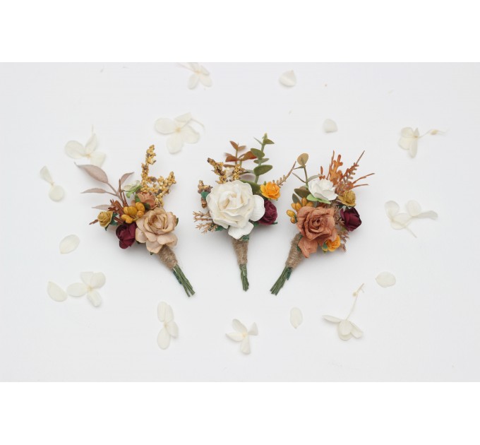 Boutonnieres in Terracotta Mustard Burgundy Ivory Colors/ Wedding flowers