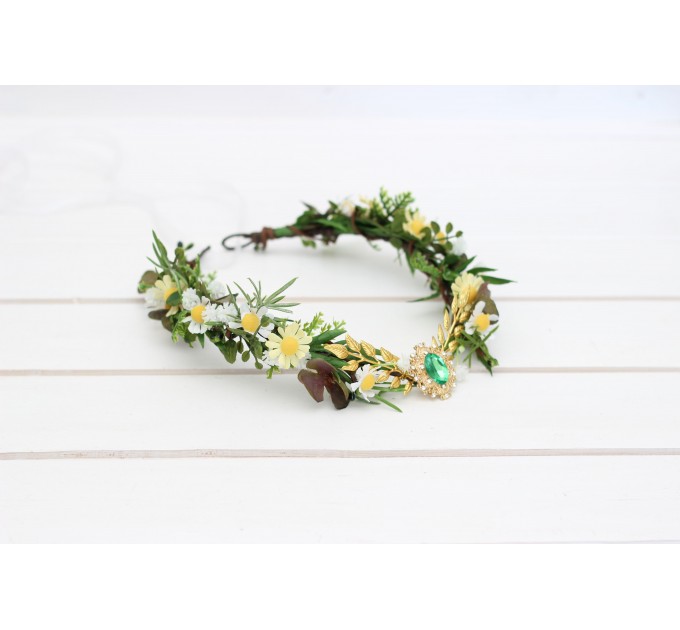 Elven Woodland Flower Crown with White and Yellow Daisies, Gold Twigs, and Green Gem