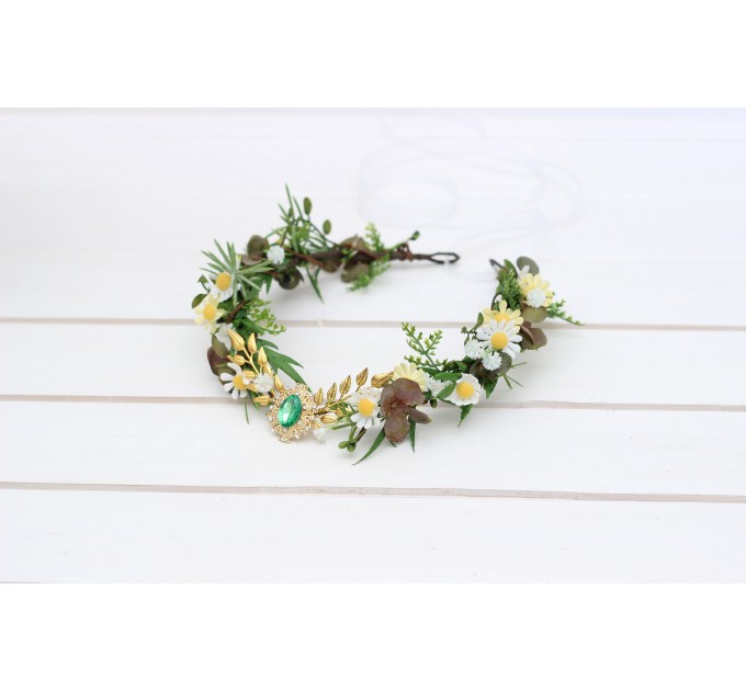 Elven Woodland Flower Crown with White and Yellow Daisies, Gold Twigs, and Green Gem
