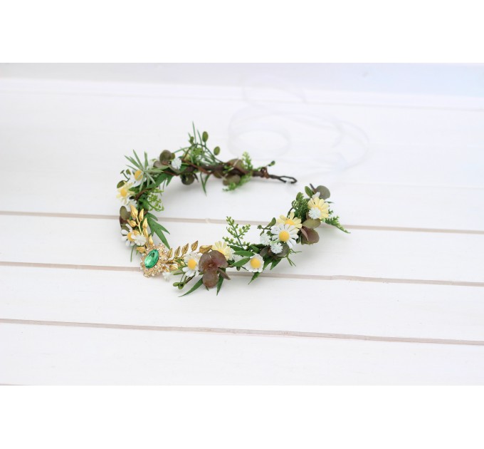 Elven Woodland Flower Crown with White and Yellow Daisies, Gold Twigs, and Green Gem