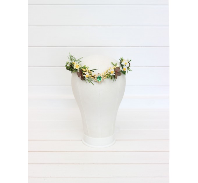 Elven Woodland Flower Crown with White and Yellow Daisies, Gold Twigs, and Green Gem