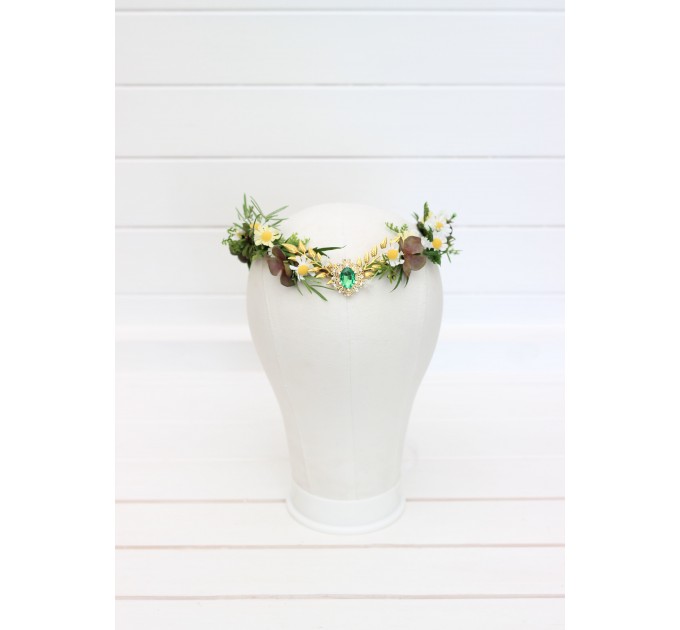 Elven Woodland Flower Crown with White and Yellow Daisies, Gold Twigs, and Green Gem